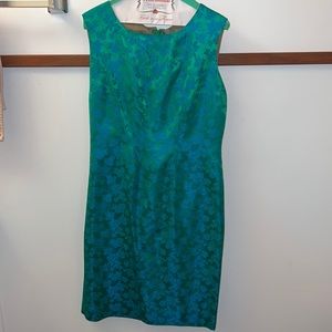 Vintage green silk and turquoise sleeveless zip back dress - 39 bust